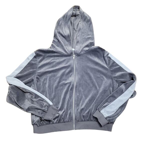 Gray Velour Track Jacket Hooded Full Zip 90's Y2K Streetwear Gorpcore Retro - Picture 1 of 5